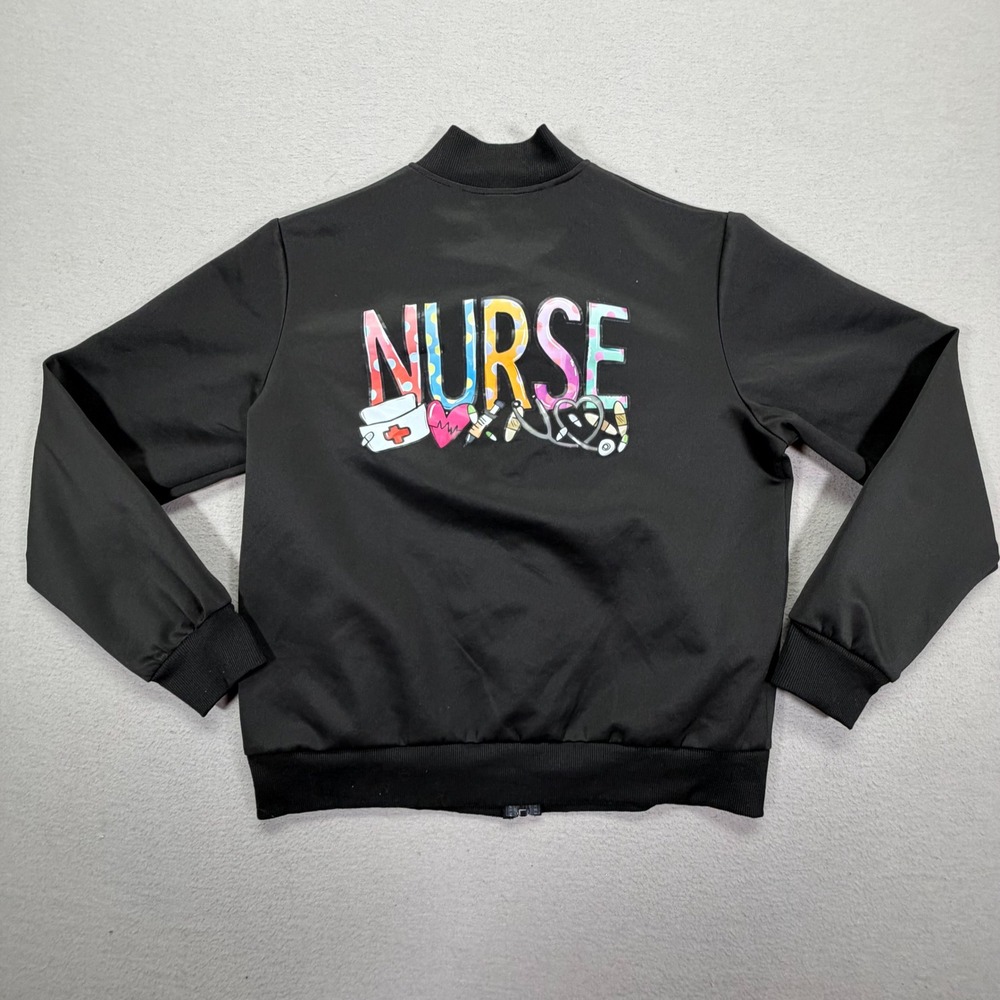 Unbranded Bomber Jacket Women L Excellent Black Nurse Graphic Zip Up Lightweight